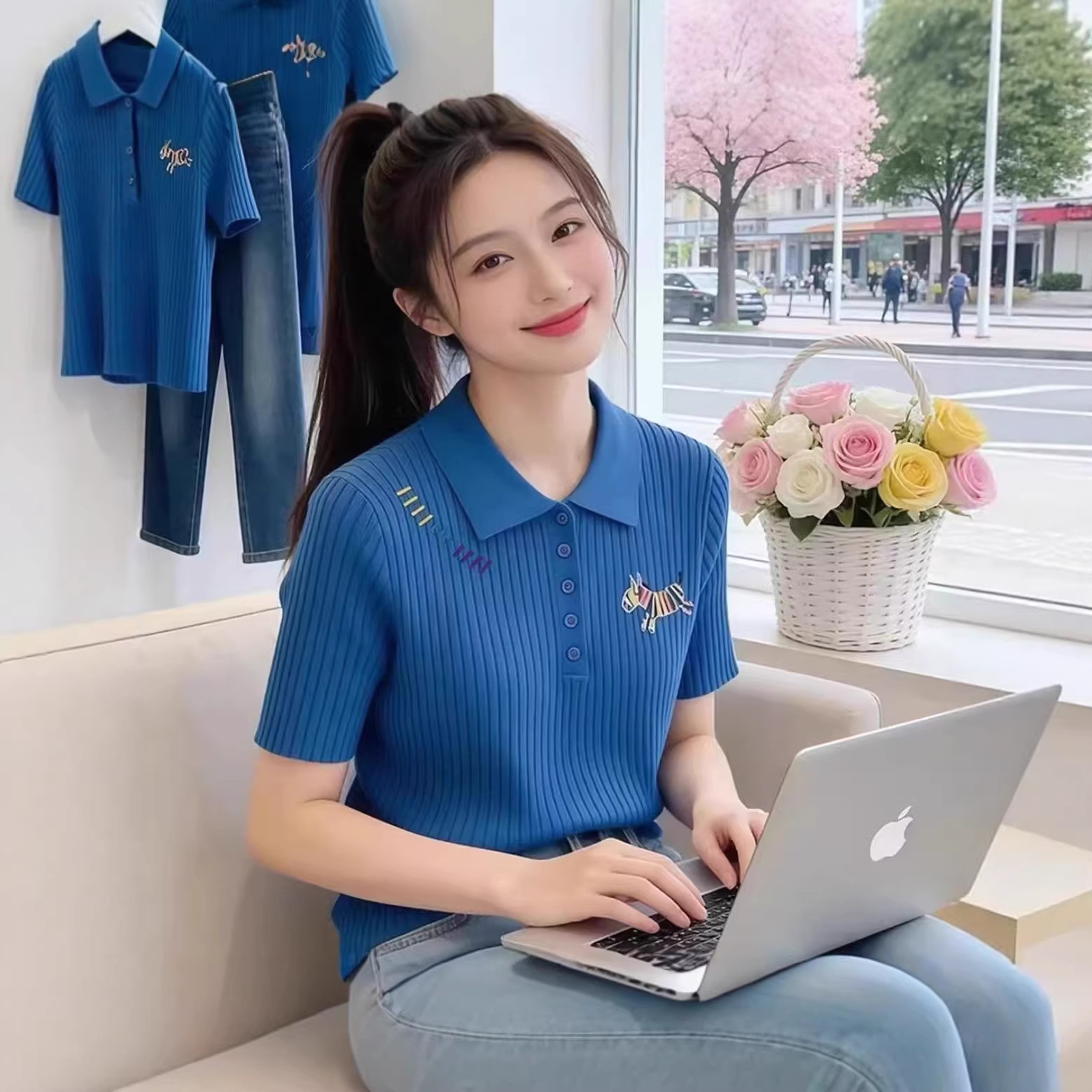 Áo thun polo nữ tay ngắn cổ bẻ họa tiết ngựa nhỏ cầu vồng — xanh lam chi tiết 1