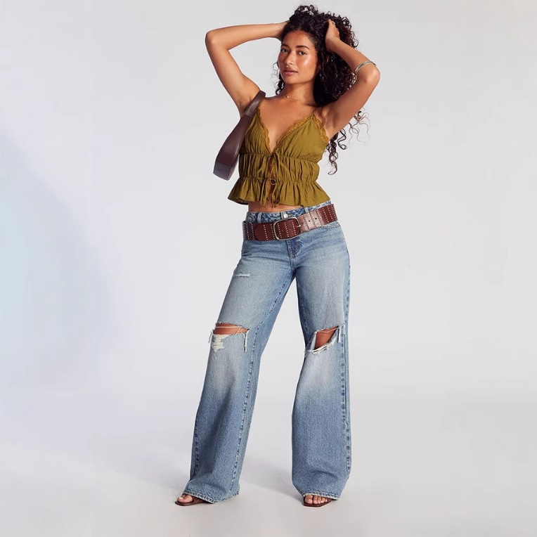 Cross-Border European and American Export Pacsun Jeans Women's Ripped Design Loose Straight Pants Washed Blue Retro Street