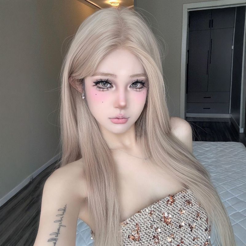Kuku Princess-[Milk Tea Gray] Medium Parting Wig Natural Daily Small Lace Wig Female Long Straight Hair Full Head