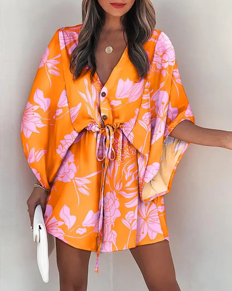 Transfronterizo europeo y americano de verano manga de vuelo Amazon deseo popular con cuello en V con cordones de ocio vestido de vacaciones ropa de mujer