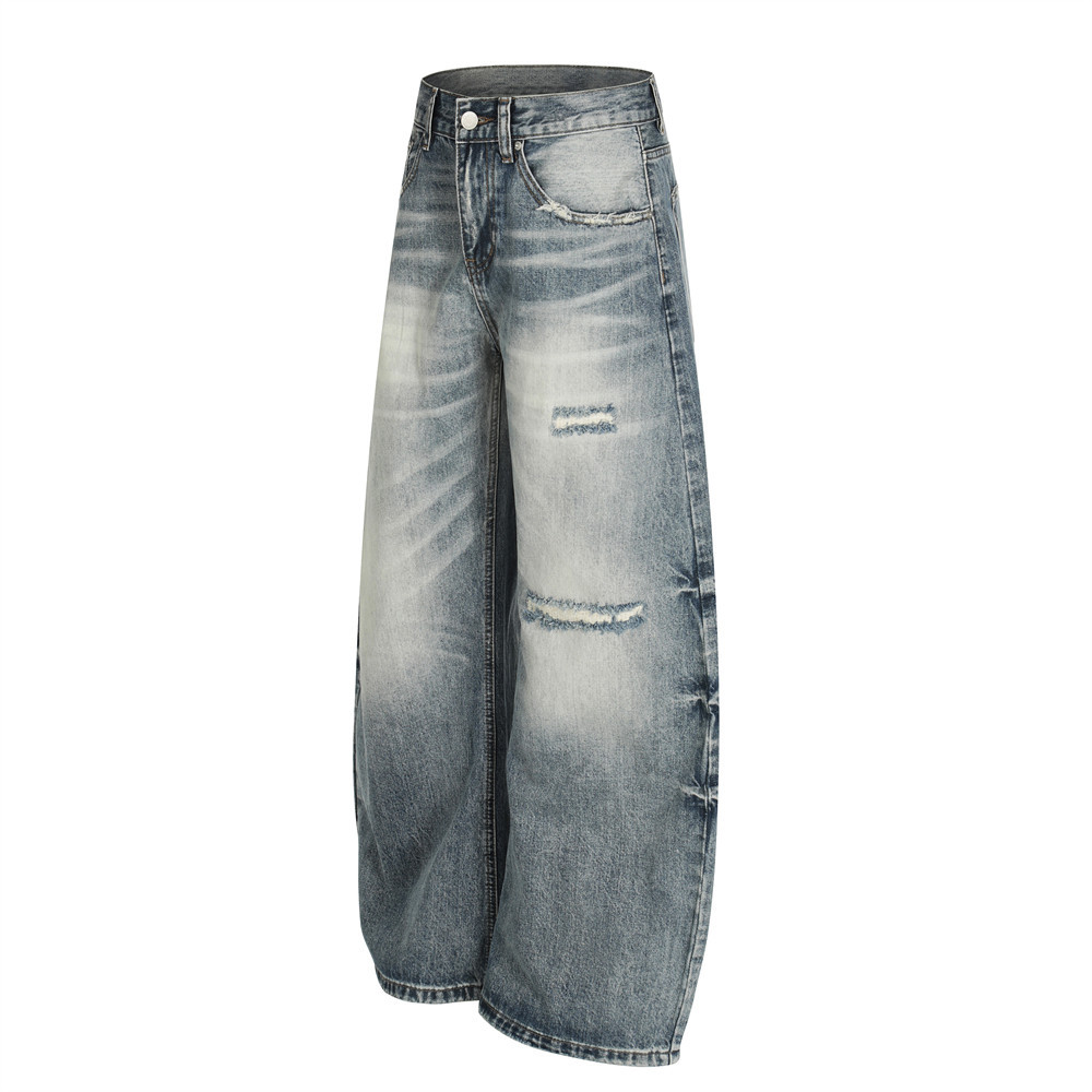 Men's Punk Retro Ripped Washed Jeans High Street Trendy Distressed Chic Wide Leg Pants mid Waist Long Softener Machine Washable_mkmklike.com