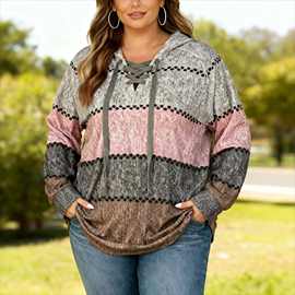 外贸大码女装拼接撞色长袖休闲系绳连帽卫衣2025秋冬款跨境亚马逊