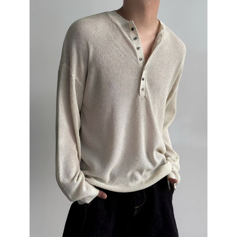 Autumn and Winter New Style Cut Out Knitwear Men's Long-Sleeved Thin Blouse Henry Collar T-Shirt Trendy Export Cross-Border Wholesale
