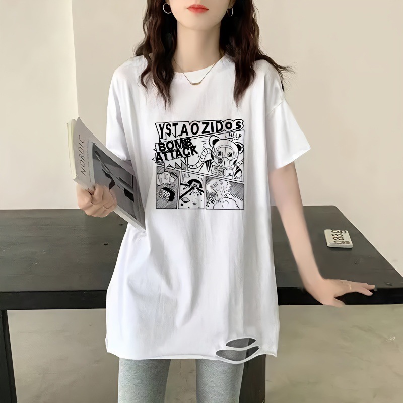 白色破洞T恤女2025夏季新款短袖打底衫中长款宽松ins上衣