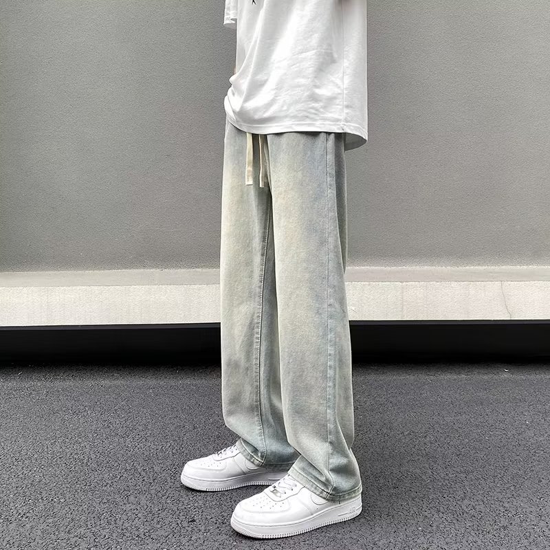 Vaqueros americanos, pantalones teñidos de barro amarillo de seda de hielo viejos lavados de verano para hombres, pantalones rectos sueltos de la marca de moda de la calle principal