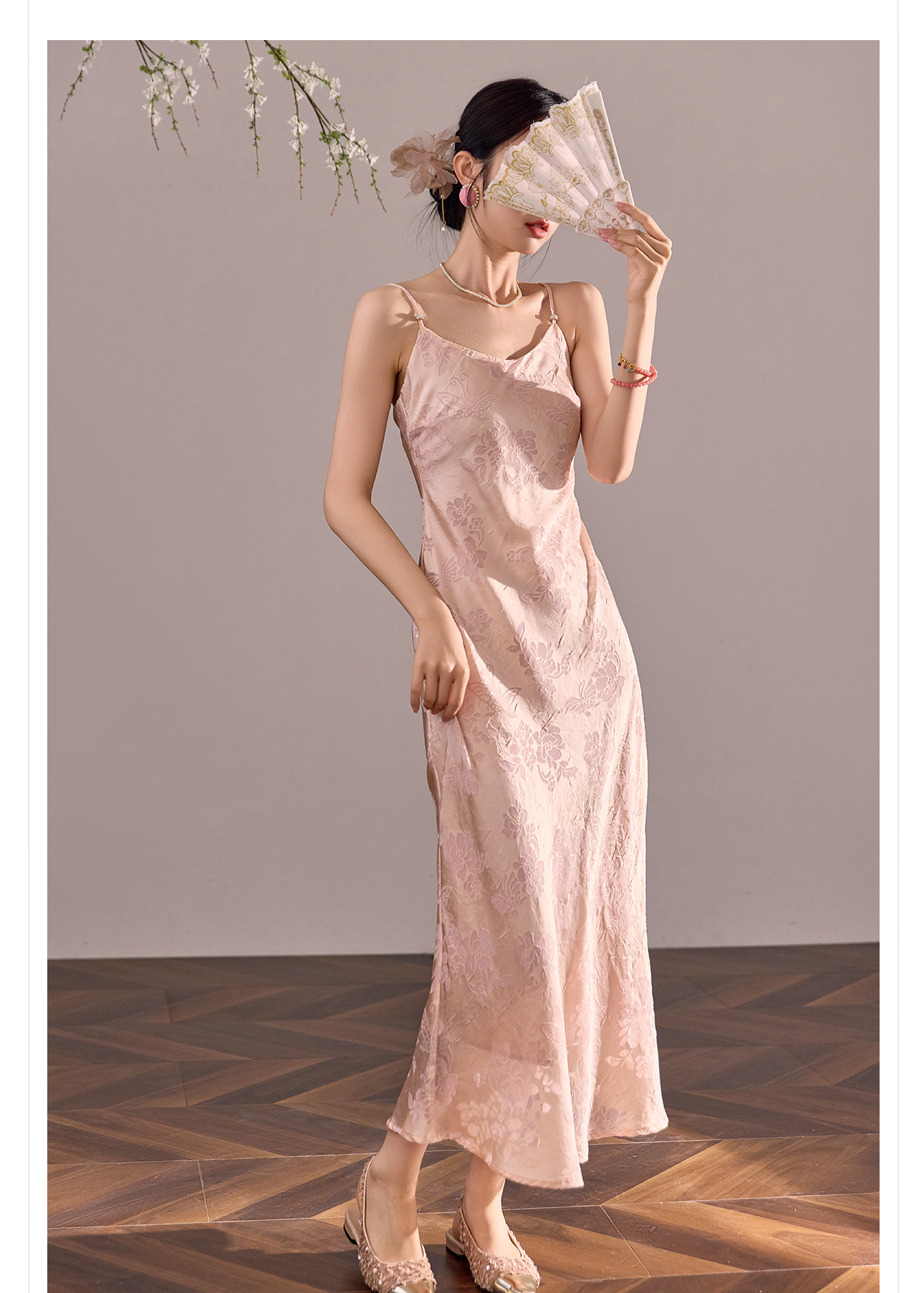 Đầm maxi nữ quốc phong dây mảnh chữ A dáng dài thắt eo — màu đen chi tiết 9