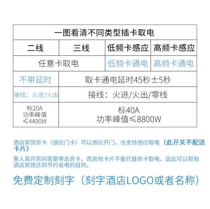 Hotel type 86 wall 40A high power arbitrary card insertion card power switch panel hotel entrance power switch