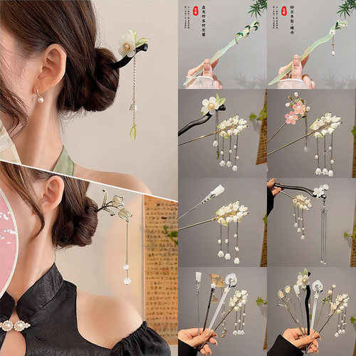 Tassel ancient style hairpin for women with updo hairpin, high-end cheongsam wooden hairpin for women, new Chinese flower hairpin hair accessories wholesale