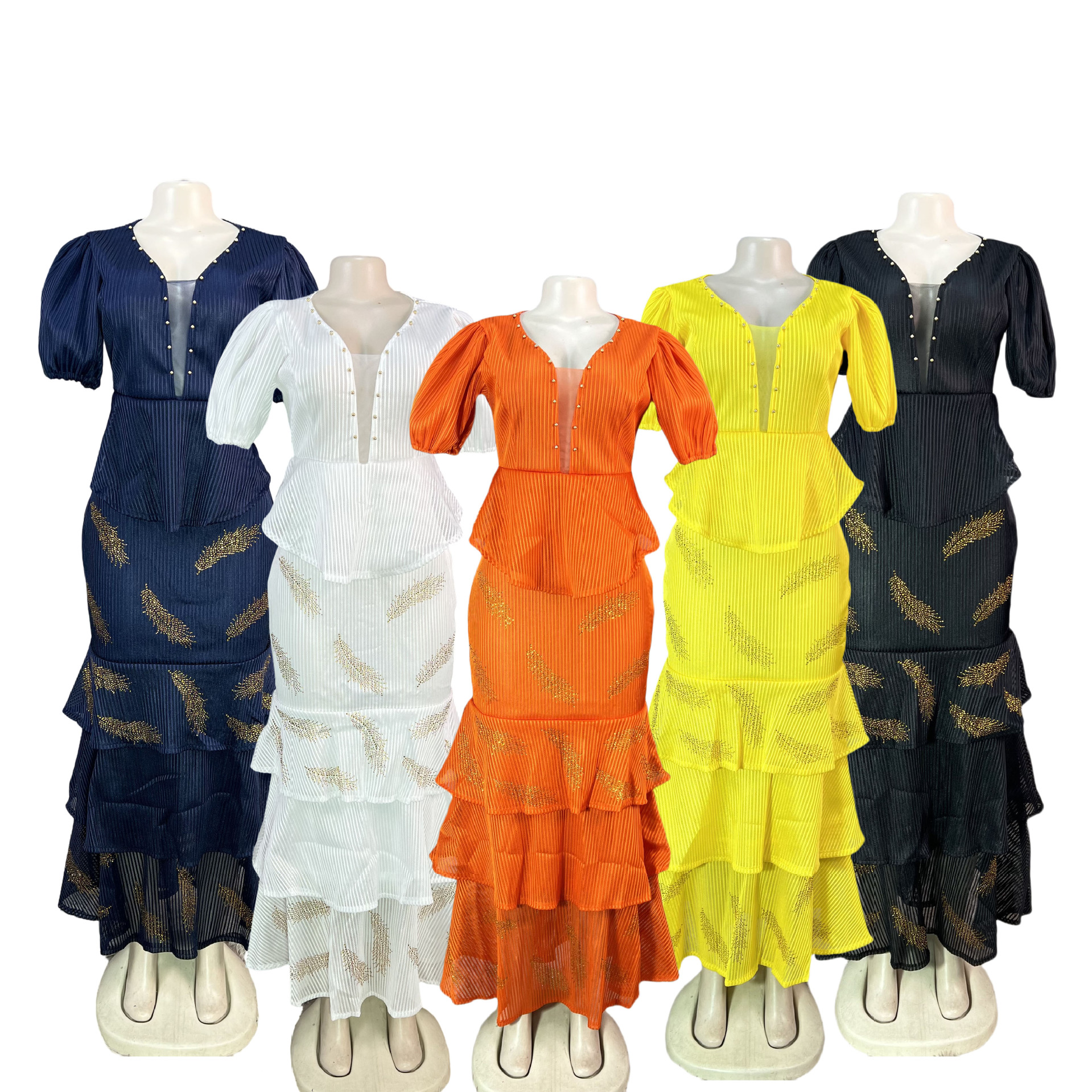 Foreign Trade African Women's V Neck Mesh Slim Fit Beaded Hot Diamond Pleated Lotus Leaf Fishtail Long Skirt Small Dress