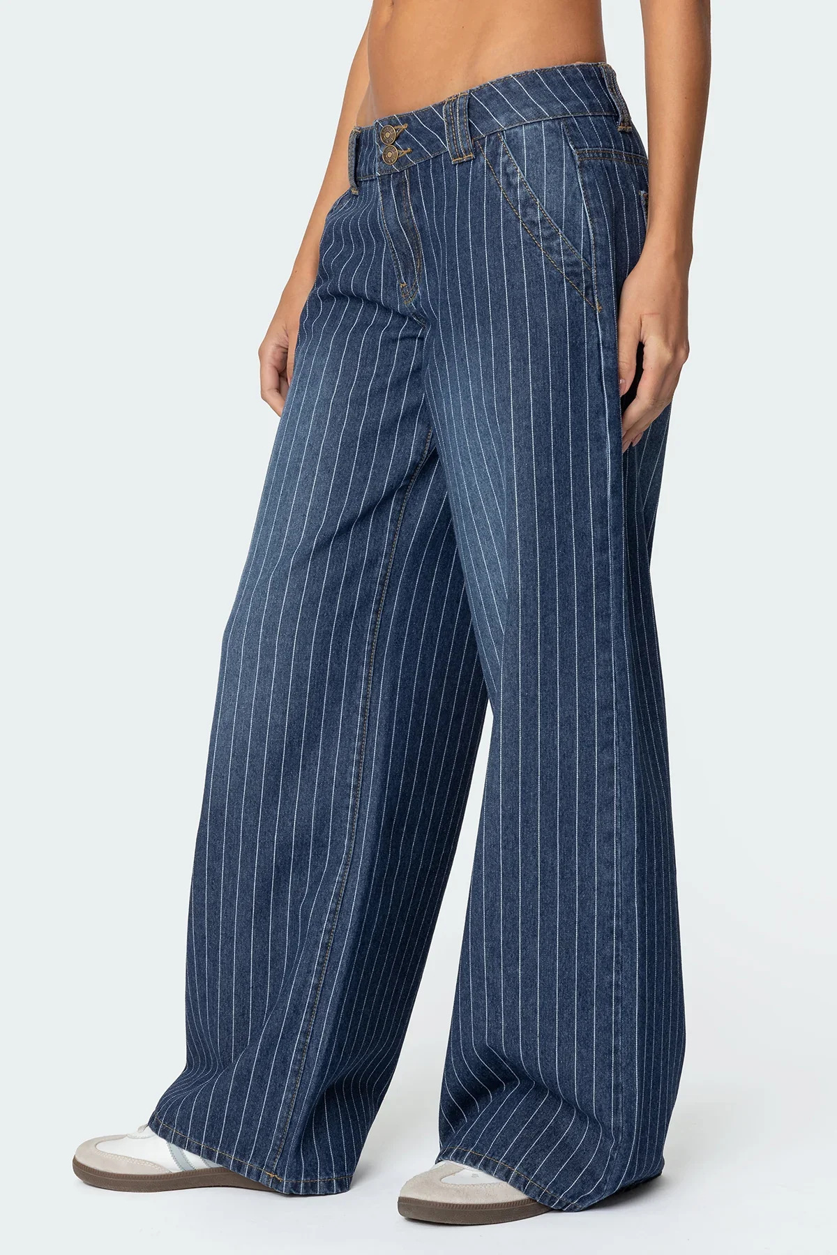 Vintage Wide-leg Striped Jeans For Women - Blue Distressed Denim_voghion.com