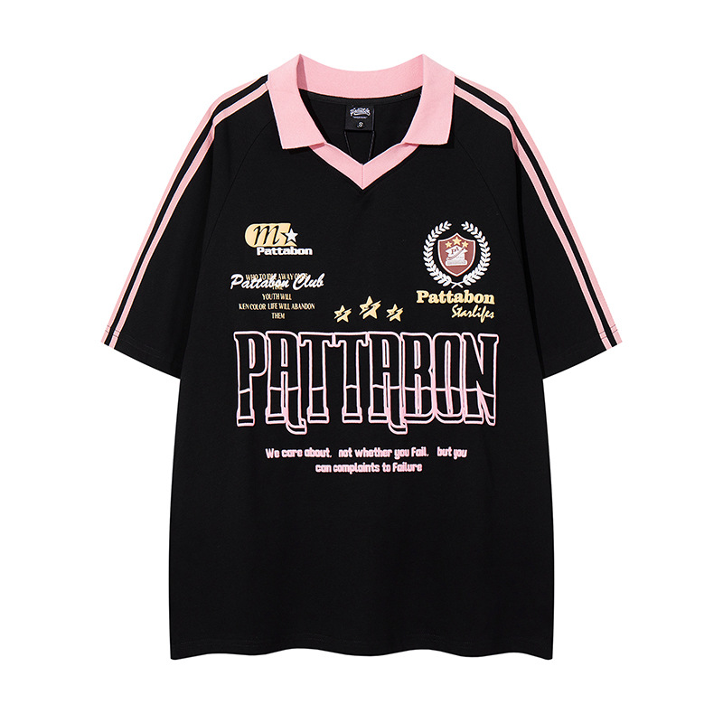 TKPA Retro Polo Collar Jersey American Sweet Style V-Neck Letter Print Contrast Color Couple Short Sleeve T-Shirts for Men and Women