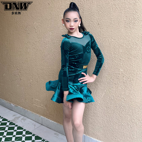 Girls kids Dark Green Velvet Latin Dance Dresses long sleeves ballroom salsa dance costumes children suit show exercise performance