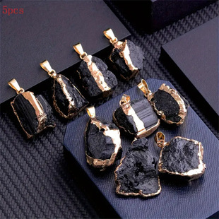 Natural Black Tourmaline Original Stone Gilt Edge Pendant Necklace with Black Leather Strap Cross Border Hot Sale Factory Straight Hair