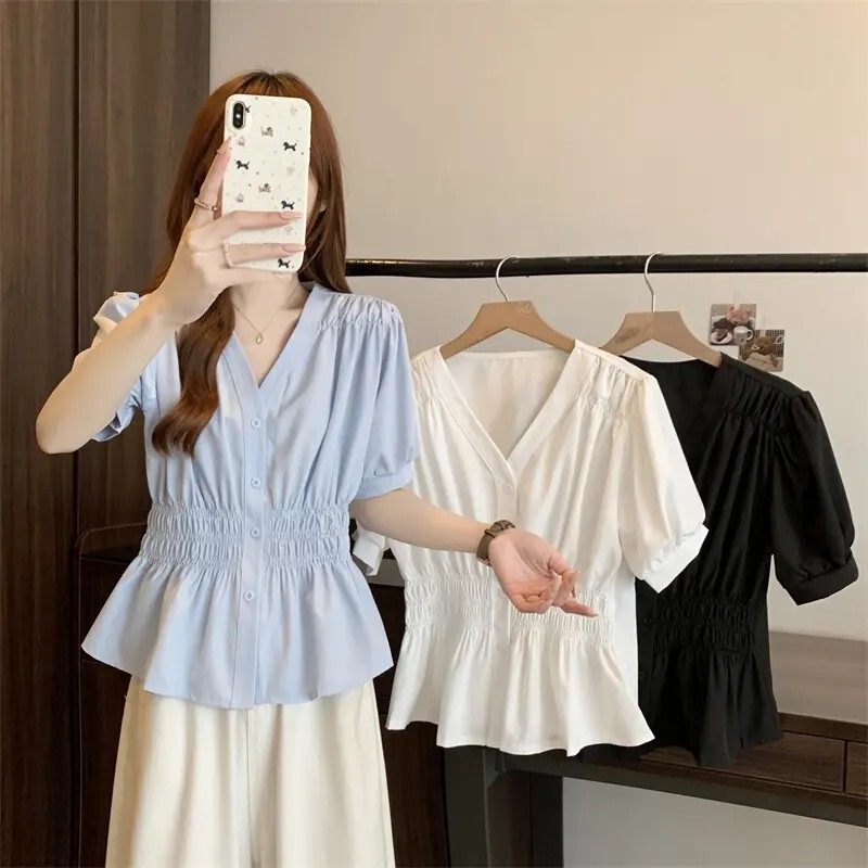 Plus-Size Women's Summer New 2025 Style Waist-Cinching Solid Color Short-Sleeve Shirt Casual Elegant Fashionable Clothing Blouse for Women