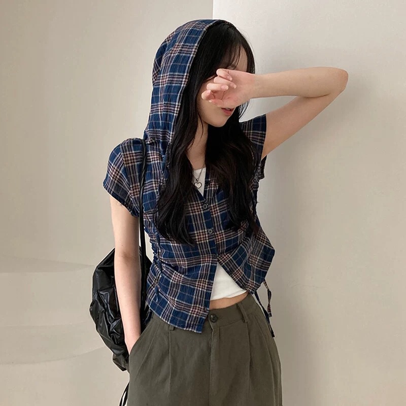 Spot Chic Korean Dongdaemun Casual Work Clothing Hooded Drawstring Plaid Shirt