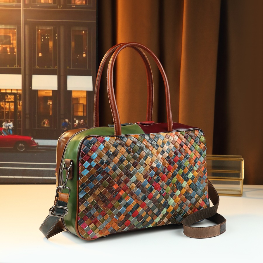 Retro Women's Handbag Top Grain Cowhide Fashion Large Capacity Patchwork Woven Shoulder Bag_voghion.com