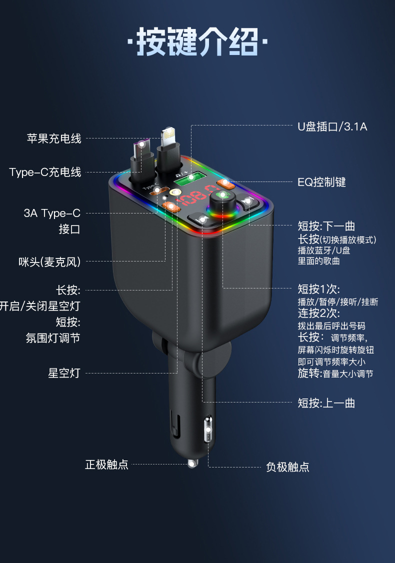 Intelligent Recognition Fast Charging Car Mobile Phone Charger Bluetooth Mp3 Player Starry Sky Ceiling Spotlight Charging Without Heating
