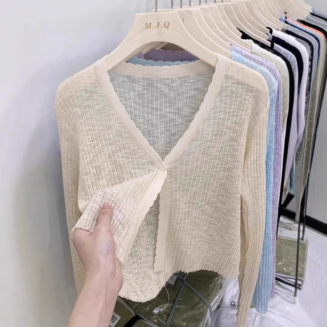 Вязаный кардиган из ледяного шелка, укороченный, с длинными рукавами, для лета, весны и осени, верхняя одежда, защита от солнца, легкий жакет, женская блузка, для повседневной носки