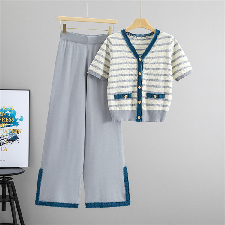 Elegant Stripe Knit Top With Wide-Leg Split-Hem Pants Set, Casual Chic Two-Piece Outfit For Women Versatile & Polished Design_ecoleips.com