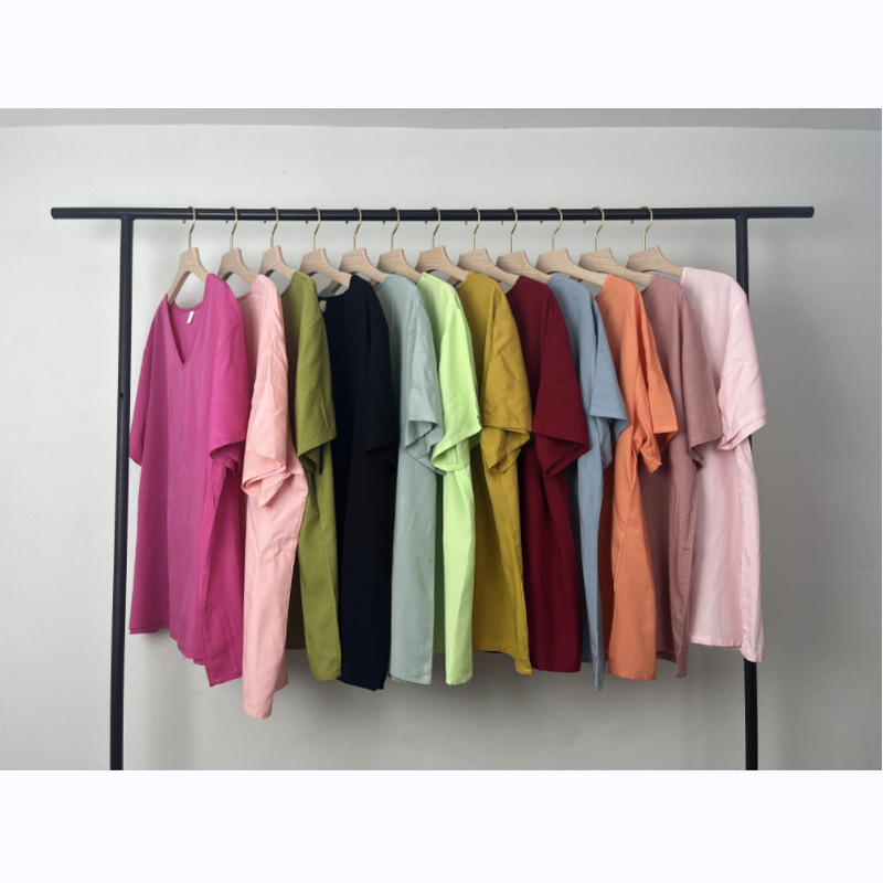 Cotton Silk Pajamas Women's Summer Solid Color Short-sleeved Cotton V-neck T-shirt Top Large Size Artificial Cotton Home Clothes New Thin Style Cotton Silk Pajamas Women's Summer Solid Color Short-sleeved Cotton V-neck T-shirt Top Large Size Artificial Cotton Home Clothes New Thin Style