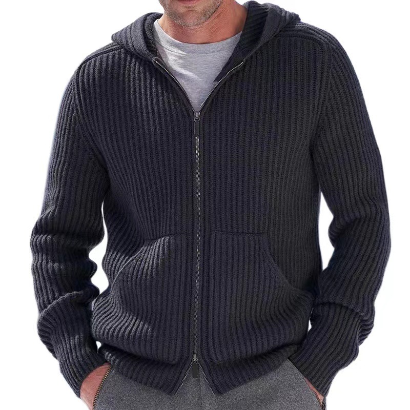 Casual Pullover Männer Jacken Stricken Langarm Zip-up Pullover Strickjacken für Herren Herbst Freizeit Reine Farbe Gestrickte Kapuzenmantel_voghion.com
