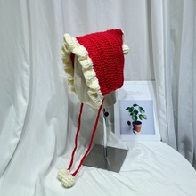 新中式甜美小红帽手工针织毛线帽子女秋冬流苏绑带斗篷帽保暖护耳
