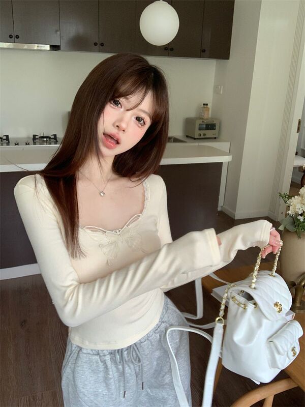 纯欲蝴蝶蕾丝花边长袖T恤女秋冬chic甜辣打底衫修身内搭短款上衣|undefined