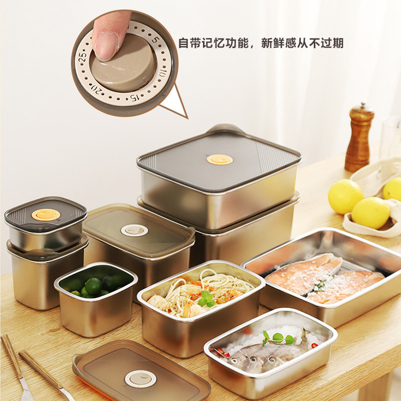 日本の弁当箱食品グレードのステンレス鋼野菜室正方形フルーツ材料分割蓋付き冷蔵庫冷凍庫|undefined