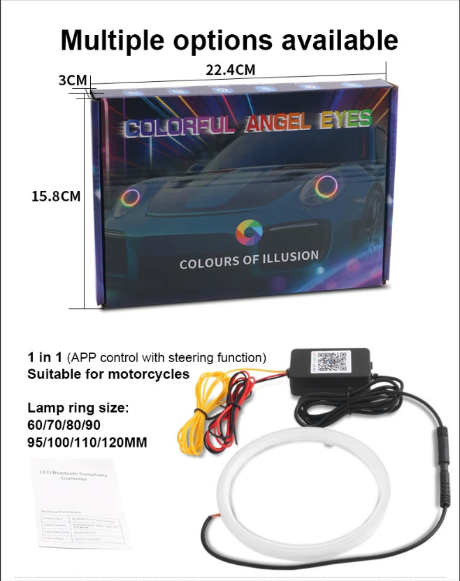 General Motors modified LED angel eye halo rings with APP mobile control, colorful daytime running lights, and headlight rings