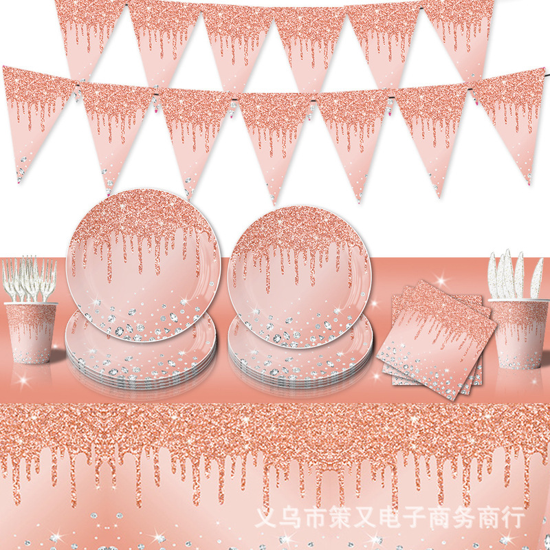 New Pink diamond birthday party tablecloth girl wedding diamond sequins disposable arrangement party dinner plate suit