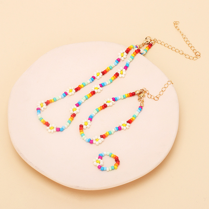 ethnic style color rice bead flowers necklace bracelet ring set
