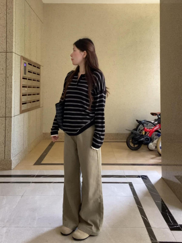 早秋季长袖t恤女2025新款设计感韩系慵懒黑白条纹针织polo衫上衣|undefined