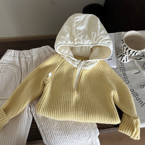 Korean children's winter knit hat and sweater set with warm lining for girls, two-piece fashionable children's pants