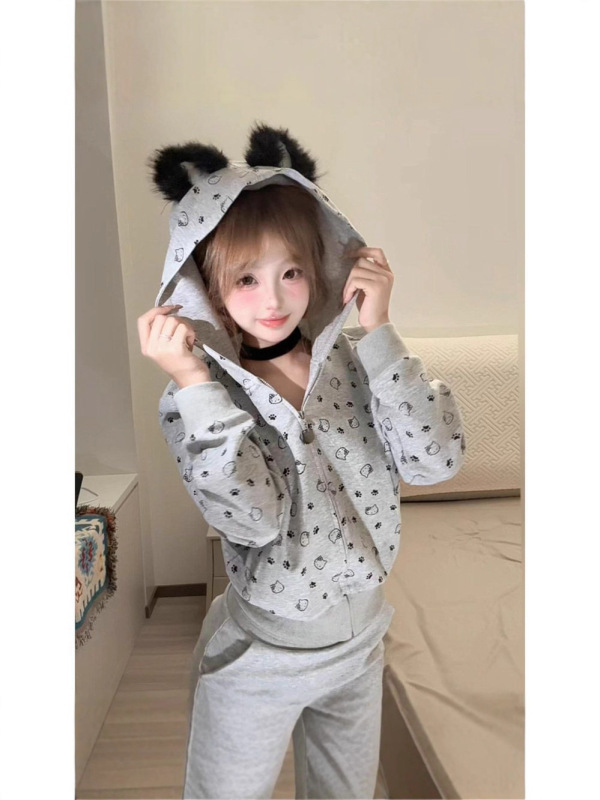 美式复古kitty猫印花灰色连帽卫衣女春秋慵懒百搭短款外套|undefined