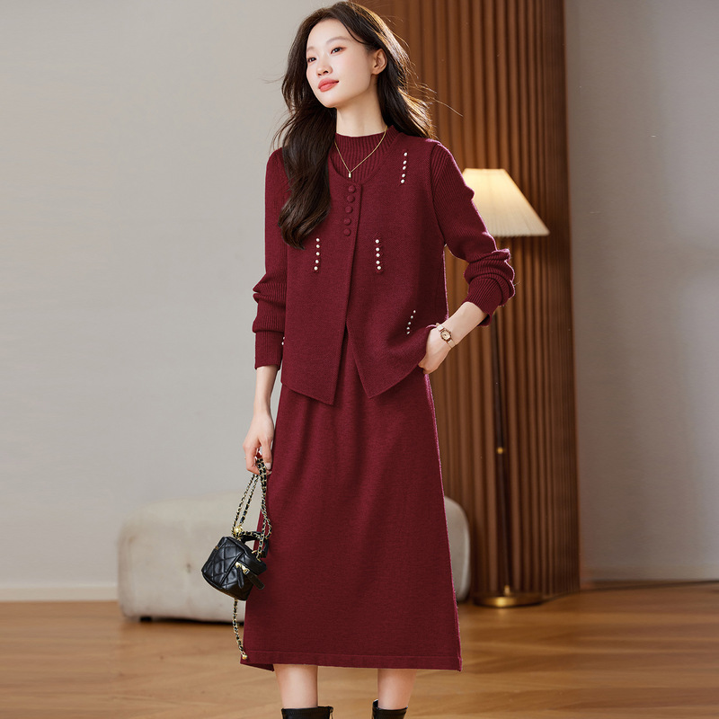 Tweed Style Suit Skirt for Women in Autumn and Winter Slightly Fat mm Age-Reducing High-End Knitted Vest Mid-Length Dress Two-Piece Set