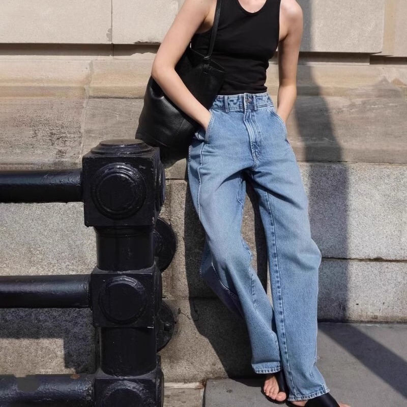 Th~ Row Jeans Women's 2025 Spring & Fall High-Waisted Curved Side Seam Forward Sliding Slimming Look Tall Straight Casual Pants