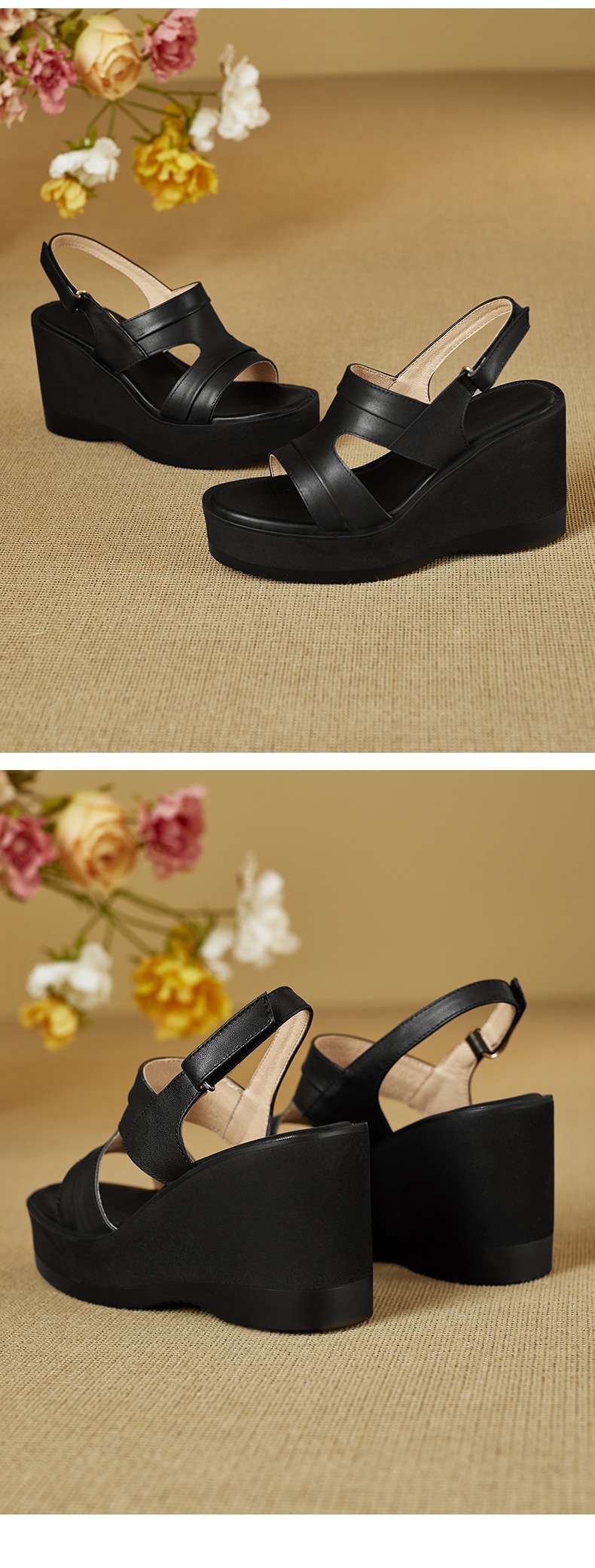 Sandal nữ hở mũi đế xuồng da bò cao gót quai ngang phong cách La Mã — đen chi tiết 11