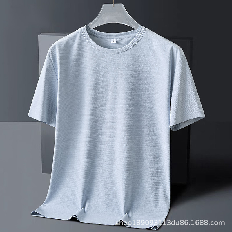 Cross-Border New Style Ice Silk Sports Quick-Drying Short-Sleeved Men's Ultra-Thin Cool Breathable Elastic Running Round Neck Solid Color T-Shirt