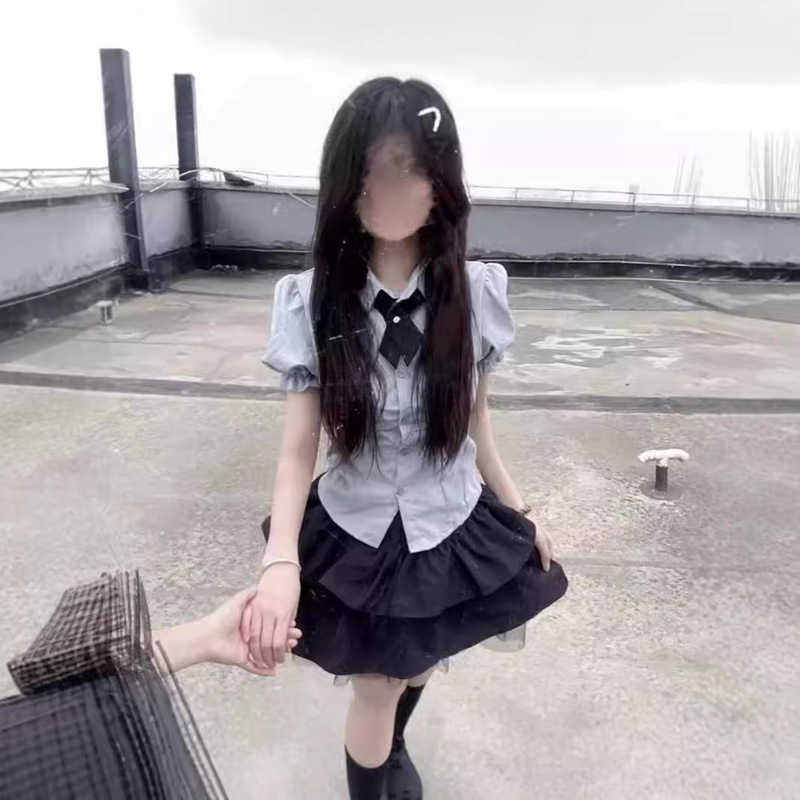 Girls' Age-reducing suit Women's Summer Polo Shirt Puff Sleeve Slim-fit Waist Top Puffy Skirt Two-piece Set