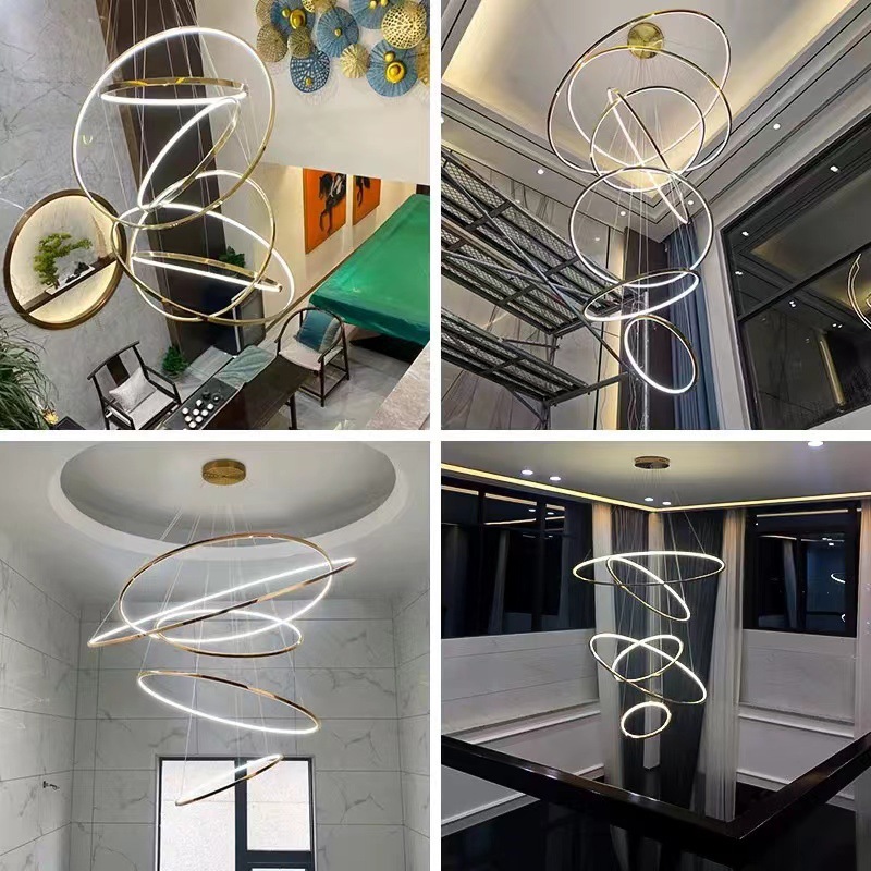 simple anillo de acero inoxidable gran lámpara de poste candelabro luz loft sala de estar escalera compleja piso de salto complejo apartamento inoxidable simple