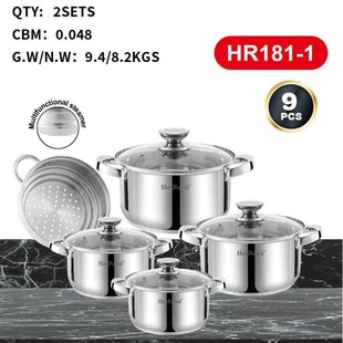 Hongrui (Jiangmen) Hardware Products Co., Ltd. 9-Piece Stainless Steel Pot Set with Steamer and Printed Logo