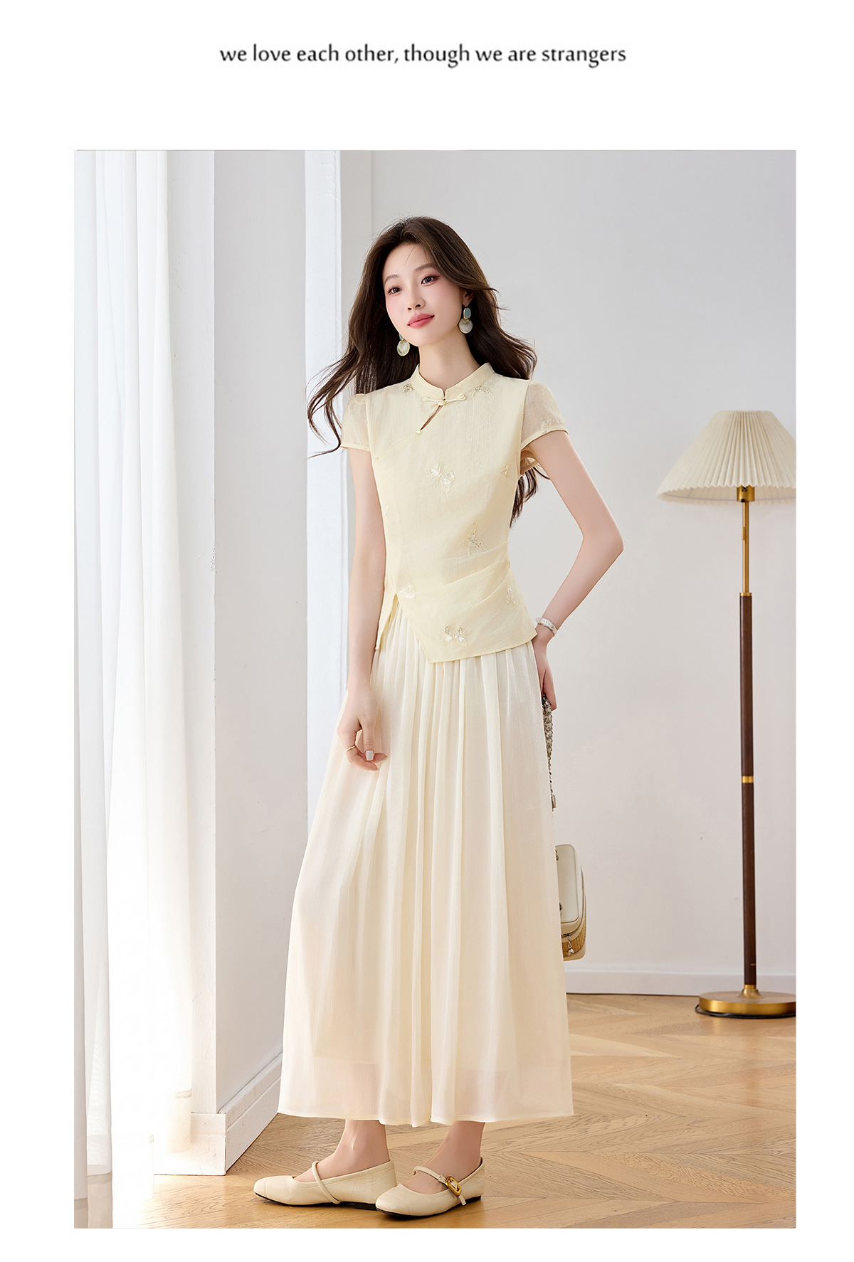 Set áo sơ mi thêu hoa kết hợp chân váy midi phong cách tân cổ điển — Màu hồng, màu trắng ngà chi tiết 17