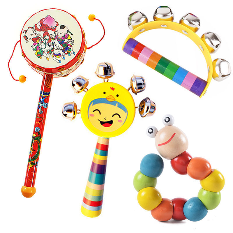 Peace drum + hand bell + smiley face rattle + twisty bug (random color)