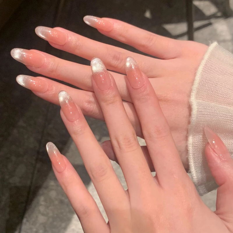 Naked powder gradient white wearing cat's eye advanced display white aurora new nail art detachable nail patch nail piece finished product