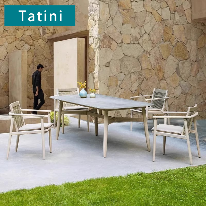 Mesas y sillas de teca para exteriores, conjunto de muebles impermeables y resistentes al sol para patio de villa, mesas y sillas de madera maciza anticorrosivas para terraza de jardín.