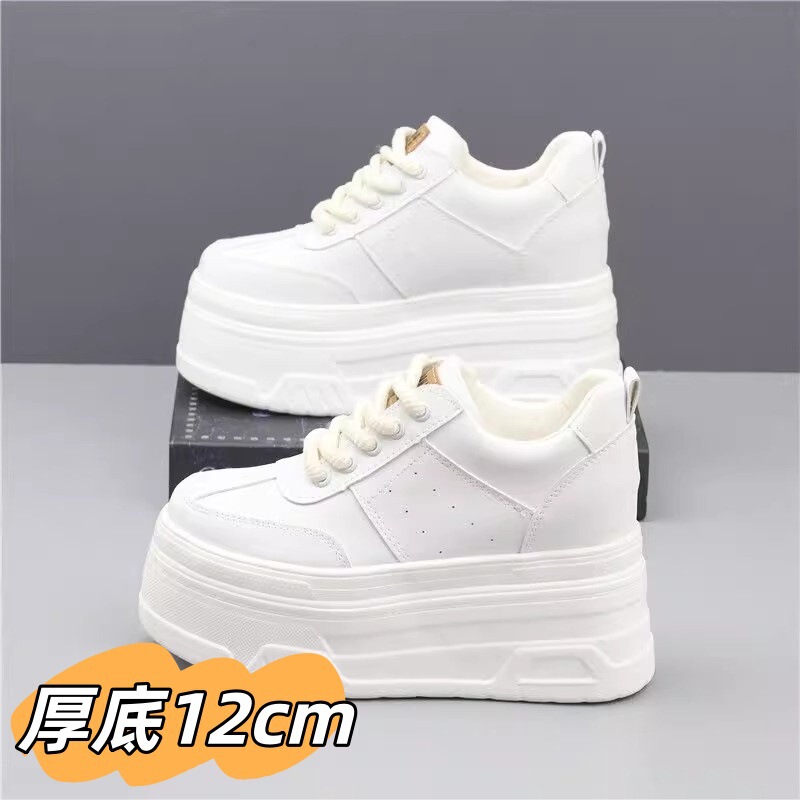 Thick-soled heightening shoes 12cm wedding dress artifact heightening small white shoes women's platform bottom board shoes lace-up color matching casual shoes