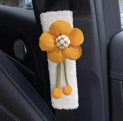 Cover Decoration Cartoon Cute | Seat belt shoulder pad - white-orange-five-petal-flower-20cm7cm