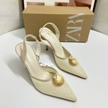 New shallow mouth pointed back strap single shoe with gold buckle thin heel sandals, fashionable and versatile banquet women's high heels
