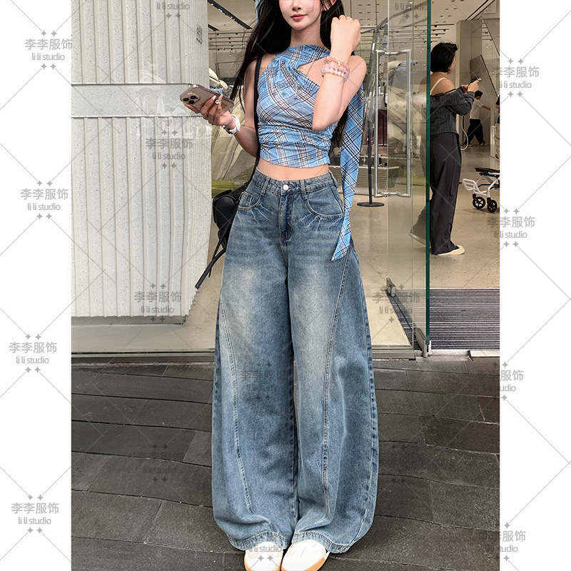 美式高街水洗弯刀牛仔裤女2025秋季新款高腰宽松显瘦痞帅阔腿裤|undefined