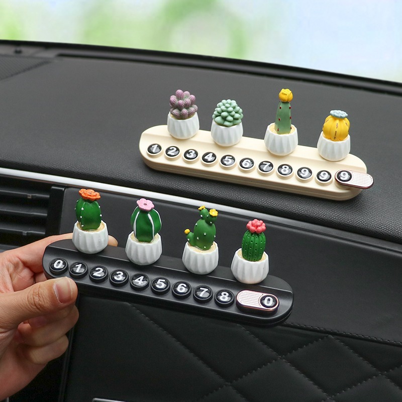 Suculentas plantas en macetas, placas de matrícula de estacionamiento temporal, teléfonos de automóviles, placas de matrícula en movimiento, tarjetas de transferencia de automóviles, adornos de accesorios se pueden ocultar
